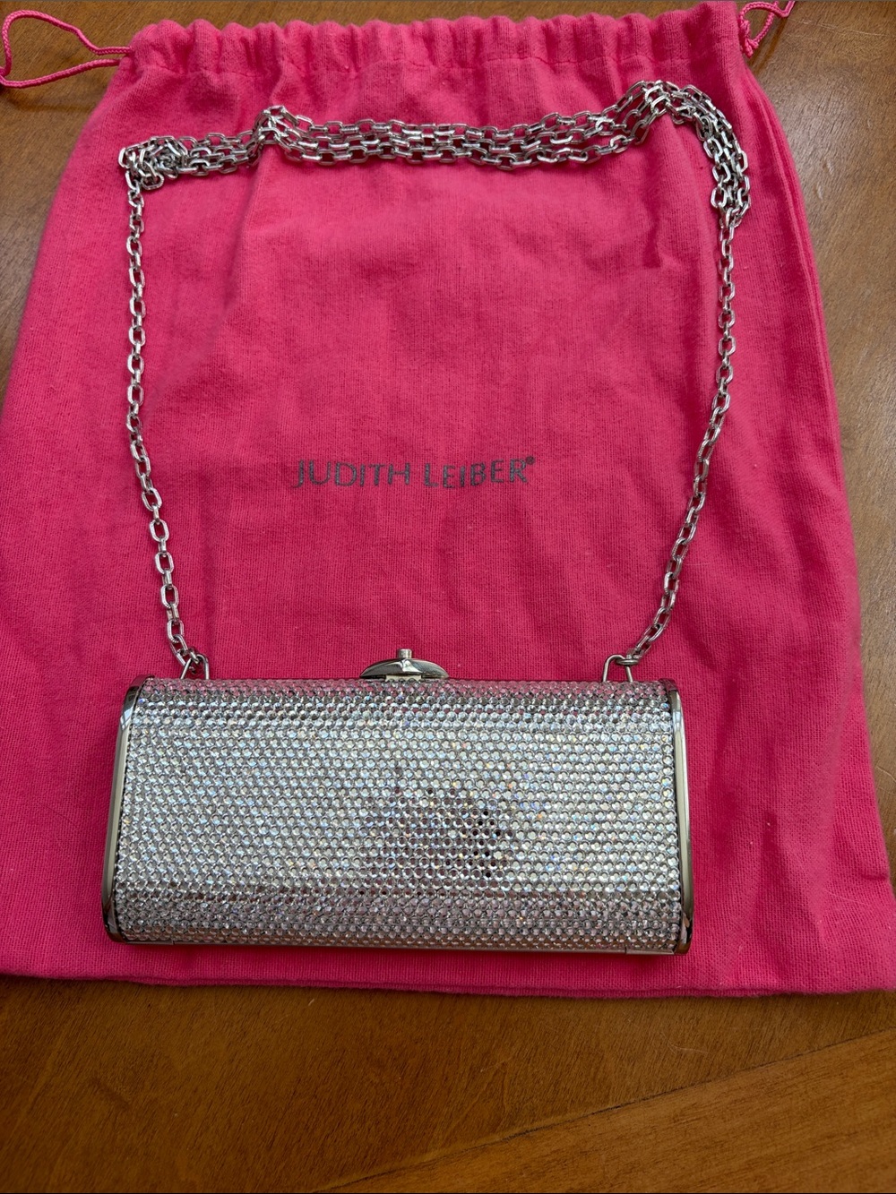 Judith Leiber Silver Crystal Evening Clutch with Chain